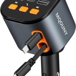 5 in 1 Retractable Car Charger, Fast Car Phone Charger 90W, Bluetooth 5.3 FM Transmitter Adapter