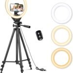 Ring Light with 50'' Extendable Tripod Stand, LED Circle Lights with Phone Holder for Live Stream/Makeup/YouTube Video/TikTok
