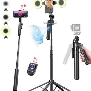 Yeaki 71” Auto Face Tracking Tripod for iPhone with Light,360° Rotating Phone Stand with Rechargeable Remote Control for TikTok Vlog Video Recording, Phone Tripod for Android Camera/GoPro/Ring Light